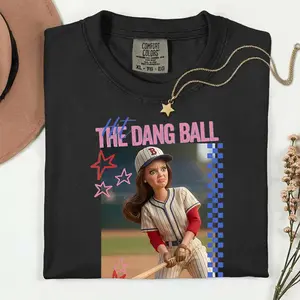 Hit The Dang Ball Baseball Mom Shirt, Game Day Softball Tee, Distressed Doll Face Meme - scs17268