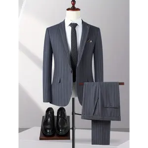 Classic Design Men's Striped 2-pack Co Ord Set Of Dress Suit, Notch Lapel Collar Single-breasted And Long Sleeve Blazer And Slim Fit Dress Pants, Chic And Trendy Set For Business, Banquet And Formal Occasions