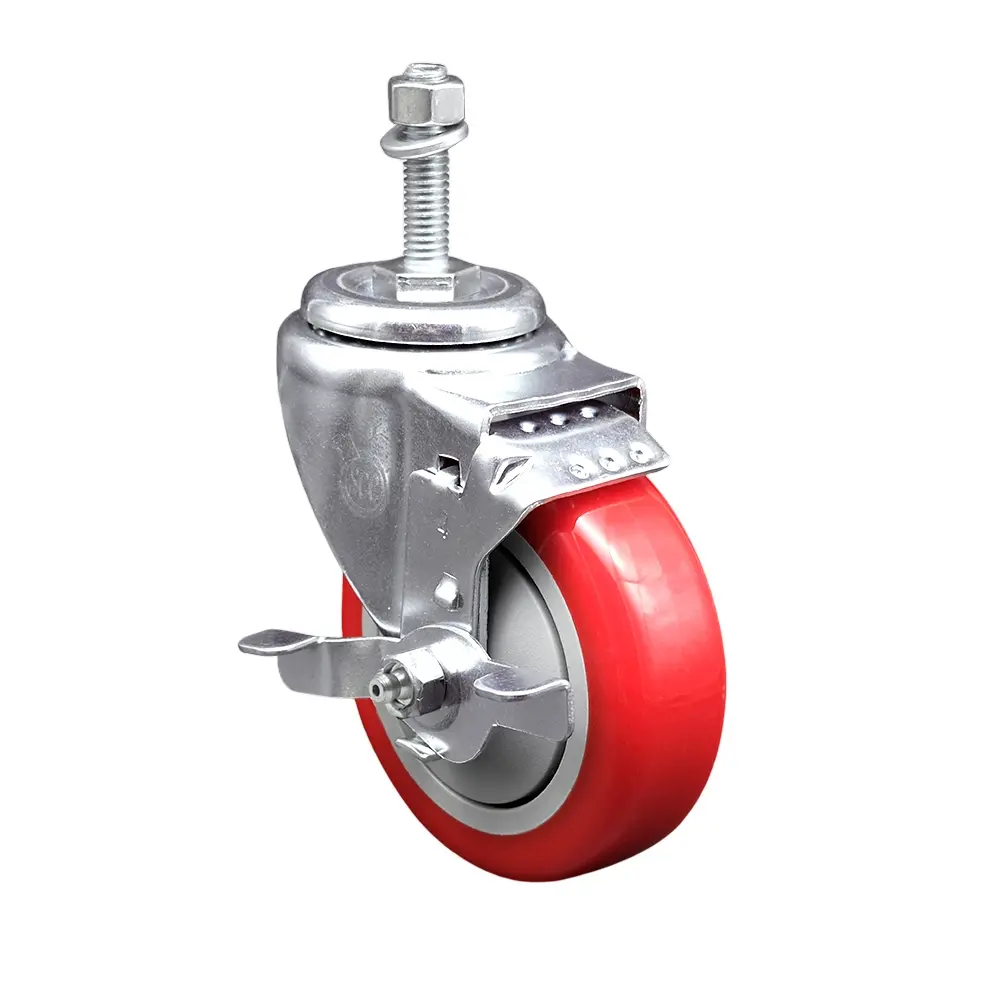 Service Caster SCC-SSTS20S414-PPUB-RED-TLB-381615 Stainless Steel Polyurethane Threaded Stem Caster with Top Locking Brake, 4 x 1.25 in Red Swivel Wheels, 0.38 in Stem