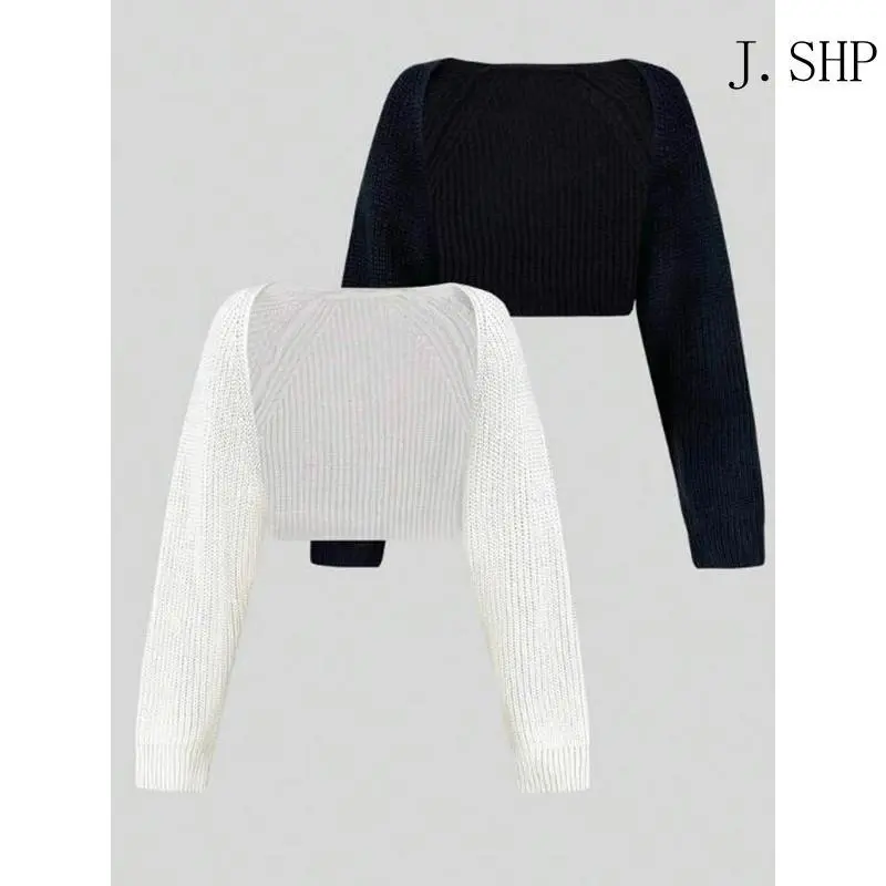 Women's 2-Piece Shrug Set, Minimalist Textured Knit Cardigan with Open Front, Cropped Length and Raglan Sleeves, Knitwear, Cardigans