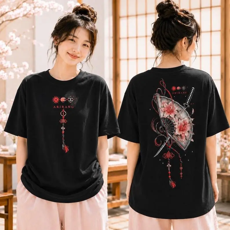 Arirang Floral Folding Fan Shirt, Two Sided Pink Blossom Sword Tee, Korean Art Kpop Concert Outfit, Fan Gift, White Tour Top