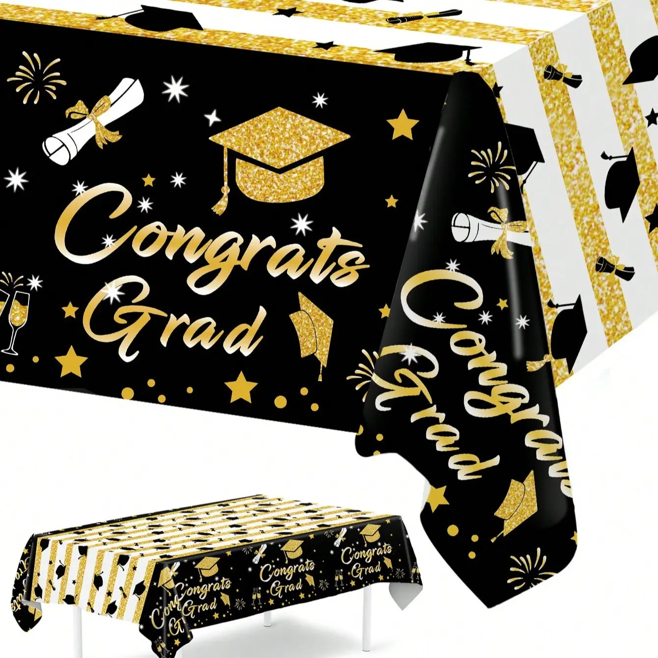 & Gold Graduation Ceremony Disposable Pe Tablecloth, Table Covers, 220*130cm, Graduation Ceremony Decoration, Graduation Party Supplies, Graduation Party Decorations, Graduation Celebration Decor, Party Decor Props, Graduation Gift, Plastic Tablecloth