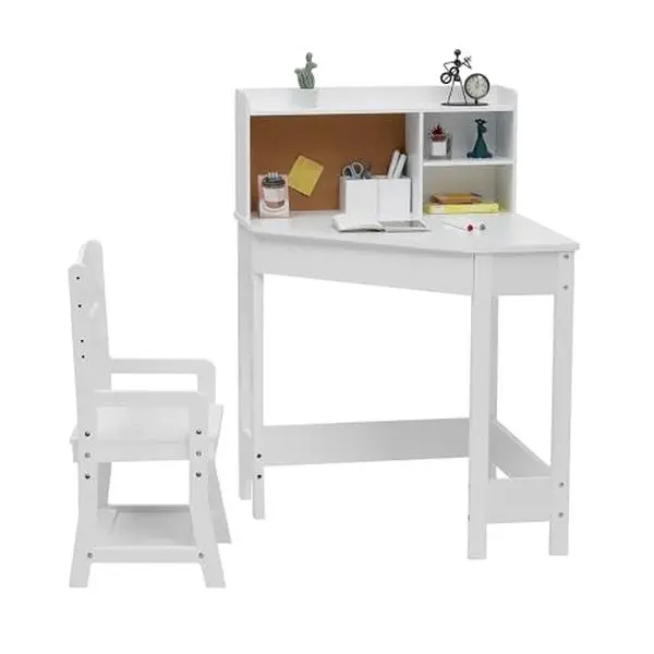 GARVEE Kids Desk and Chair Set, Wooden Corner Study Table with Bookshelf, Bulletin Board, and Pen Holder, Writing Table for Boys and Girls, White