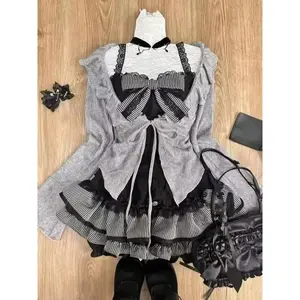 Japanese Sweet Preppy Style Skirt Set Women Kawaii Lace Patchwork Bow Tops +   Plaid Mini Skirt Elegant Outifits 2 Piece Set