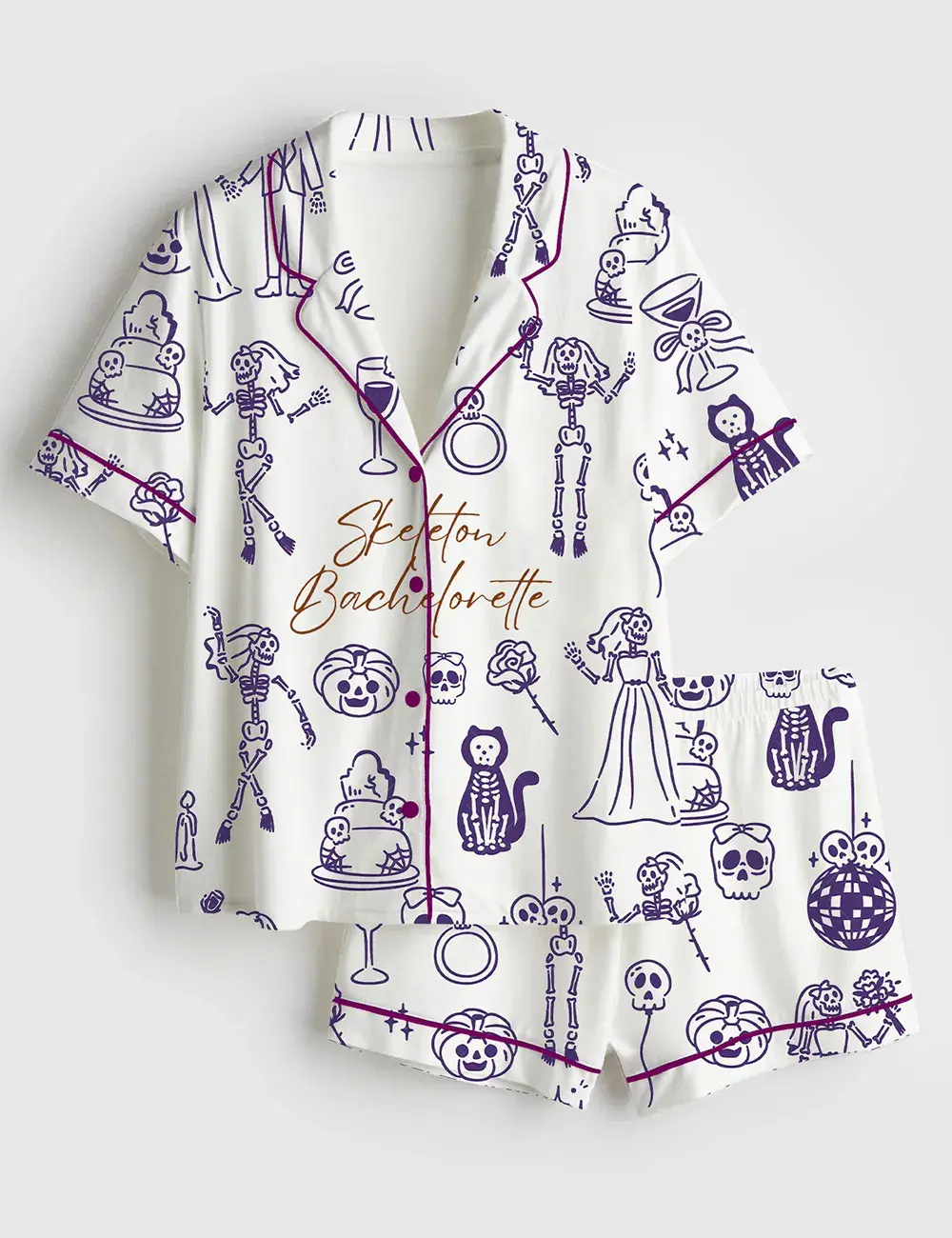 Halloween Bachelorette Wedding Spooky Skeleton Bride Short And Long Sleeve Pajama Set, Sleepwear for Women
