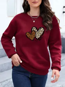 Women's Leopard Heart Print Drop Shoulder Sweatshirt, Casual Long Sleeve Round Neck Pullover for Fall & Winter, Ladies Clothes for Daily Wear Womenswear