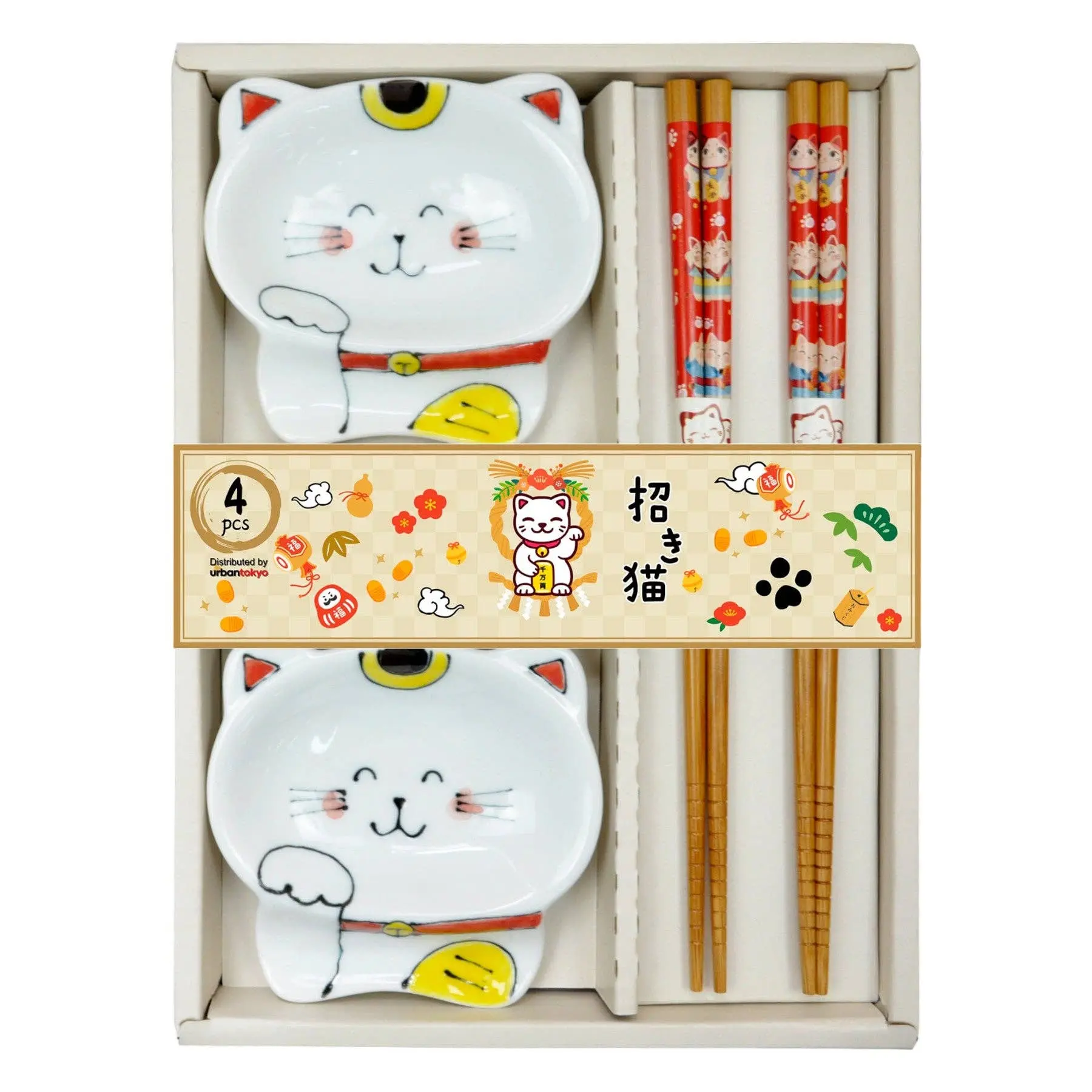 Lucky Cats 2-Pair Bamboo & Ceramic Cutlery Gift Set - Wooden Chopsticks, Small Tableware Dish, Giftable for Food Lovers, Ideal for Asian-Inspired Cuisine, Sushi Serving