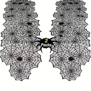 Halloween Lace Spider Web Table Runner, Dark Spider Theme Party Decor, Bat Trim Design, Festive Dining Table Decoration Set of 2