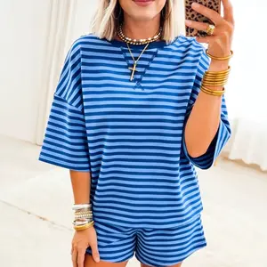 Women's Striped Ribbed Cotton Two Piece Outfits Casual Crewneck Short Sleeve Top and Shorts Set with Chest Patch Detail Summer Lounge Wear