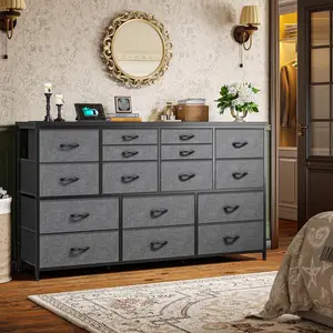 Raybee Furniture Dresser for Bedroom with 16 Fabric Drawers Long Dresser with Charging Station TV Stand for 60" TV Dressers & Chest of Drawers for Bedroom, Living Room