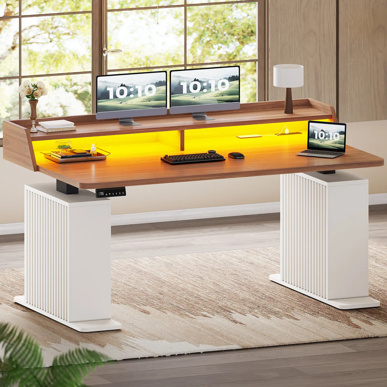 Sedeta 55-Inch Fluted Modern Wood Electric Standing Desk, Ergonomic Height-Adjustable Home Office Desk with Storage, Power Outlets, LED Lights and Computer Monitor Stand, Modern Wood Desk Sedeta 55-Inch Fluted Modern Wood Electric Standing Desk, Ergonomic Height-Adjustable Home Office Desk with Storage, Power Outlets, LED Lights and Computer Monitor Stand, Modern Wood Desk