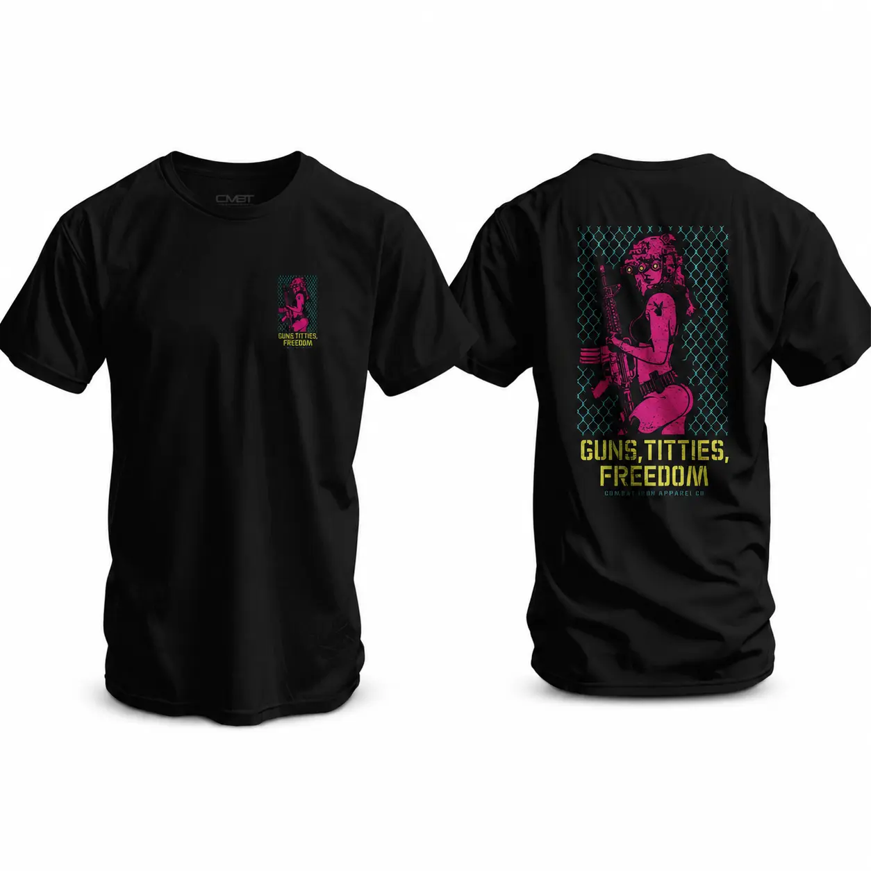 Men's Short-Sleeve Tactical T-Shirt - Rebel Patriot "Guns, Titties, Freedom" B&W Graphic, Black Casual Patriotic Style Fashion Apparel, Tactical Design Tops