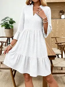 Elegant V-Neck Bell Sleeve Casual Dress for Women, Stylish and Comfortable Daily Wear, Perfect for Spring and Summer Seasons
