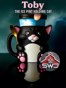 Toby the Cat Ice Cream Pint Holder – 3D Printed Kitty Cup with Spoon Slots & Secret Snack Drawer | 16oz Gift for Cat Lovers