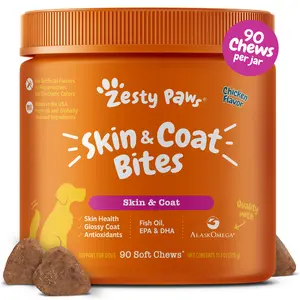 Zesty Paws Skin & Coat Bites for Dogs Soft Chew Treats with Omega 3 Fish Oil EPA & DHA for Skin Coat Health Vitamin Supplement