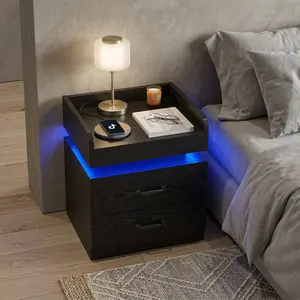Night Stand with Charging Station, LED Lights & Drawers, Modern Bedside Table for Bedroom (White/Black/Grey)