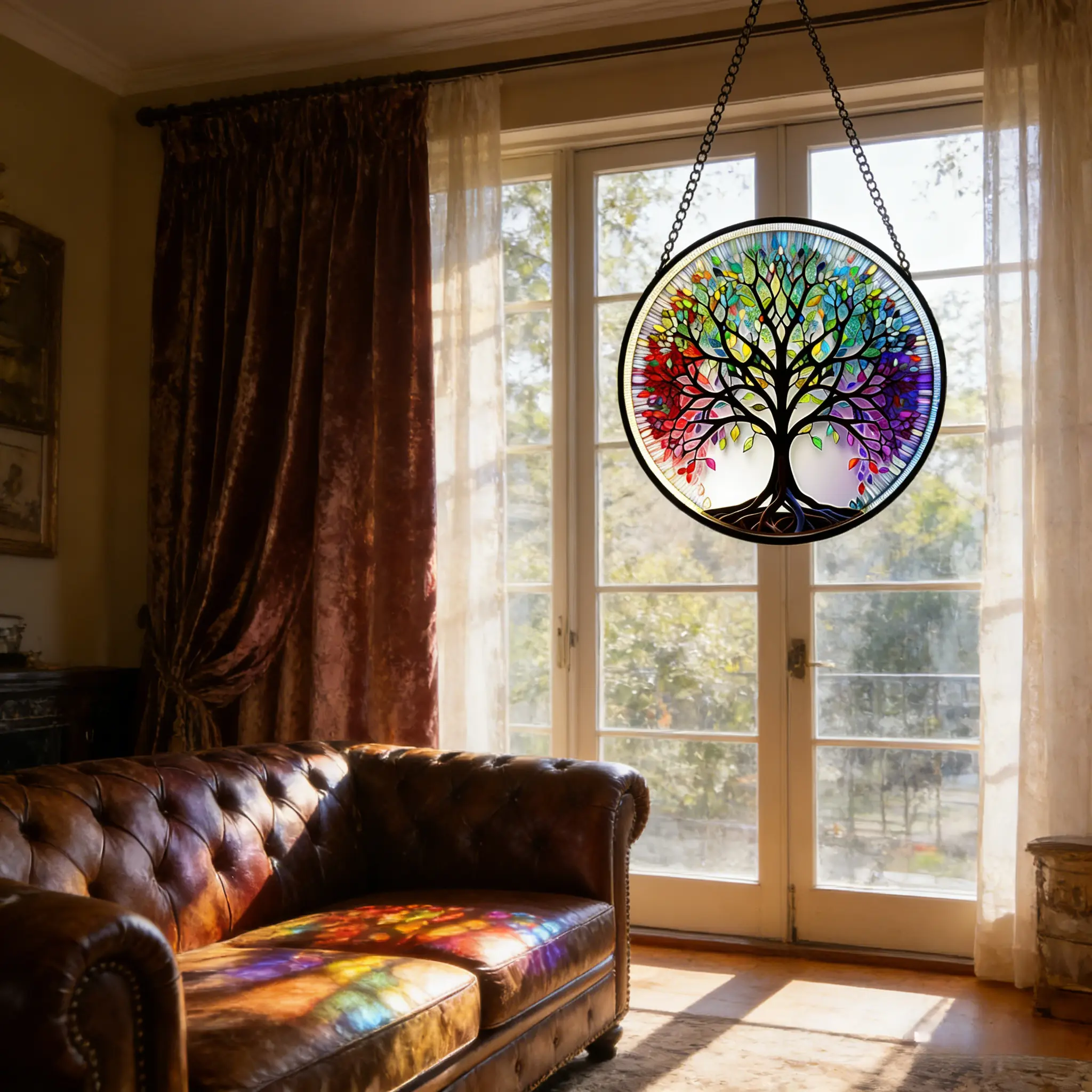 Multicolor Art Deco Tree of Life Glass Suncatcher, 330g Medium-Size Hangable Home Decor, Art-Themed Boheme Bright-Colored Hanging Decor, Ideal Gift for Key Occasions, Art-Themed Hanging Decor