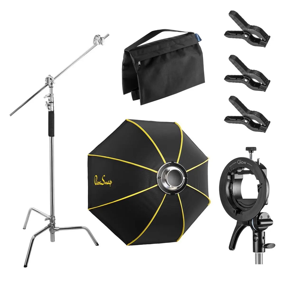 Glow ParaSnap 44" Octa New Generation SterlingFibre Bowens Mount Softbox with Glow S2 Bowens Mount Bracket, Flashpoint 10' C Stand, 3x Flashpoint Spring "A" Clamp & Flashpoint Empty Saddle Sandbag