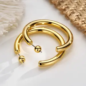 OUFER BODY JEWELRY High Quality Hoop Earrings Jewelry, 18K Real Gold Plating, High Polish, Water Safe, Logo Carved, Silver & Gold, 36mm/23mm Outer Diameter, High Quality Earrings, Casual