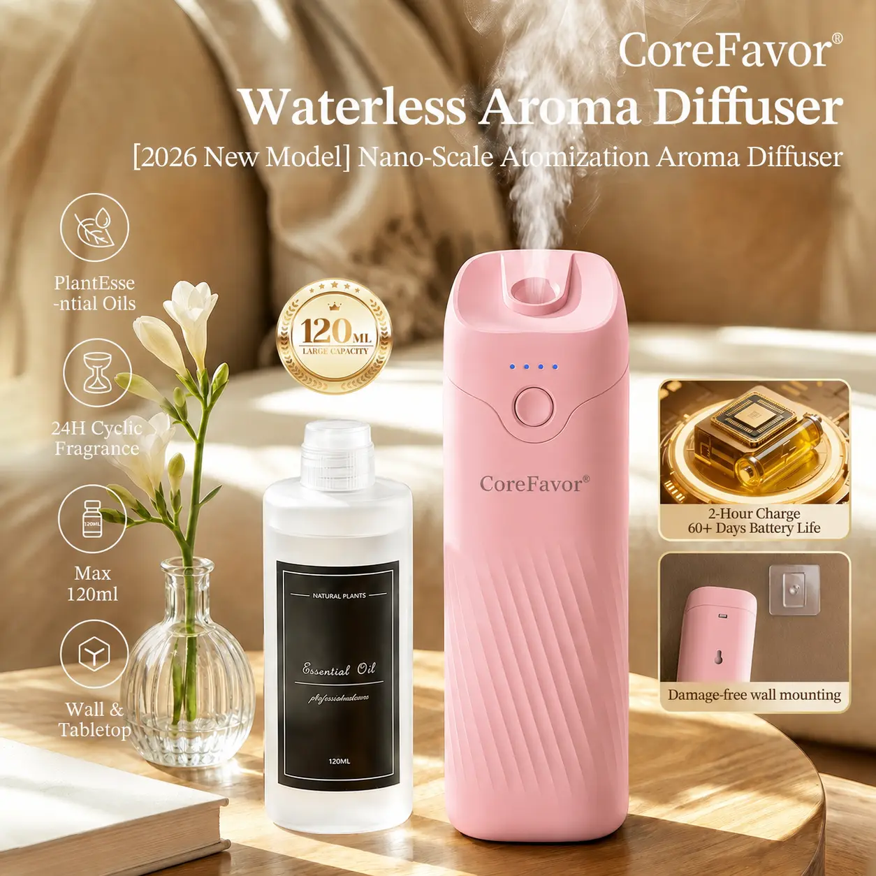 CoreFavor Waterless Essential Oil Diffuser - 120ml Cordless Compact Form Portable Unit, USB Rechargeable Batteries, Wall Mount, 4 Adjustable Fragrance Levels, Quiet Small Footprint Humidifier for Bathroom, Bedroom, 0.12L