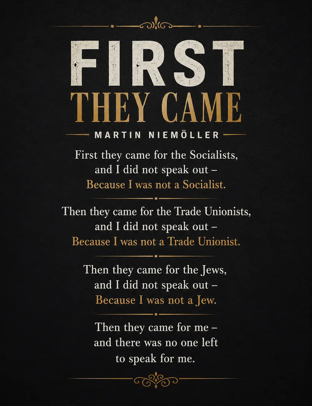 First They Came Quote Poster, Martin Niemoller Quote Wall Art, Historical Resistance Print, Social Justice Poster, Human Rights Awareness Decor, Anti Oppression Artwork, Political History Classroom Decor, Advocacy Wall Decor, Museum Style Print Office Art