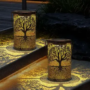 Solar Outdoor Iron Tree Lantern with Metal Frame, 600mAh Battery, Auto Switch, Hollow Design, Night Illumination, for Garden, Patio Decor & Gift