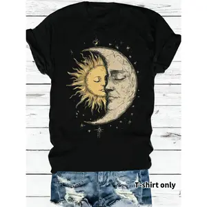 Women's Bohemian Style T-shirt with Mysterious Sun & Moon Face Print, Retro Hippie Style, Short Sleeve Casual Crew Neck Top, Perfect Choice for Women's Spring & Summer Wear Fit Womenswear Soft Tshirt