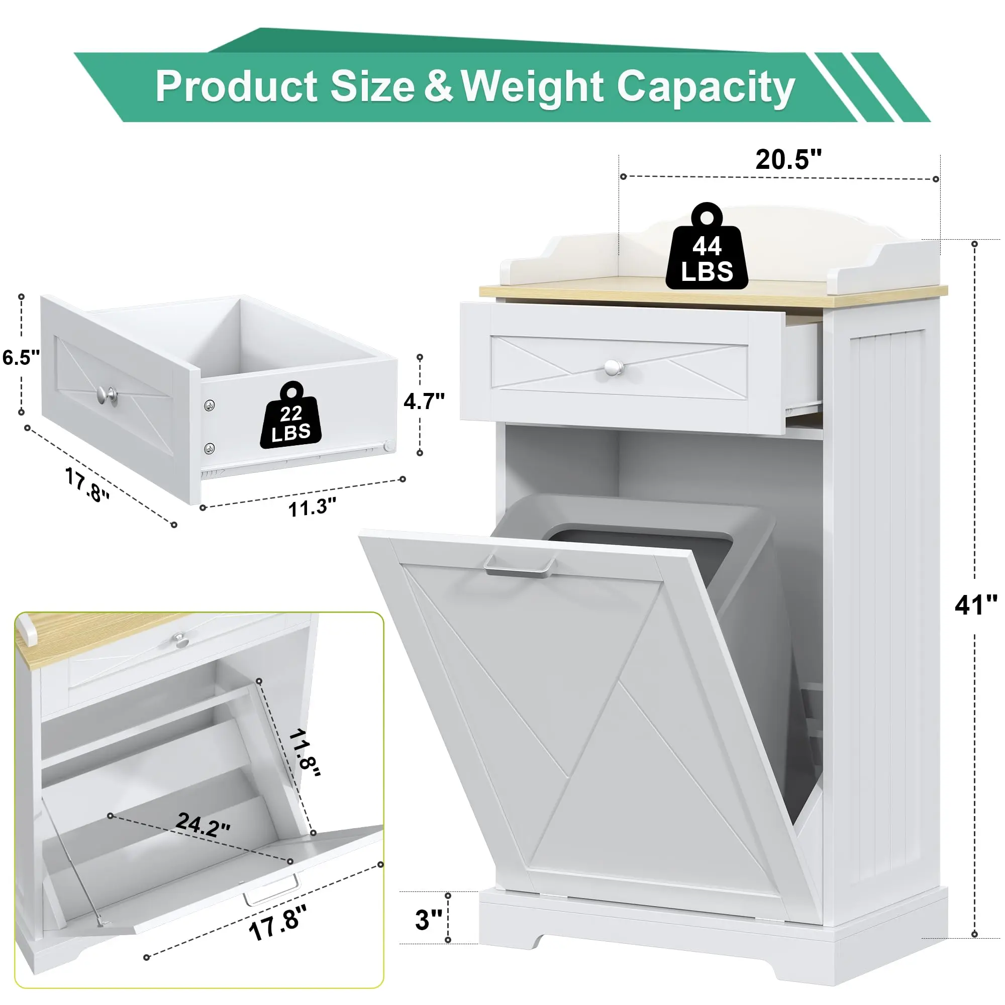 Hidden Trash Can Cabinet - Pet-Proof, Single Tilt-Out Door, Drawer, Waterproof Sturdy High-Density MDF Indoor Laundry Bin Floor Unit, Assembly Required, with Installation Kit for Kitchen, Pantry Cabinet Organization