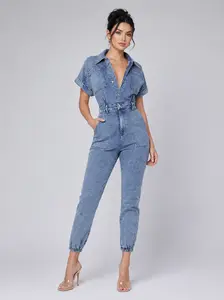 Daniela Denim Jumpsuit - Sleeveless Square Neck Cargo Utility Romper, Trendy Y2K Streetwear One-Piece Outfit with Pockets