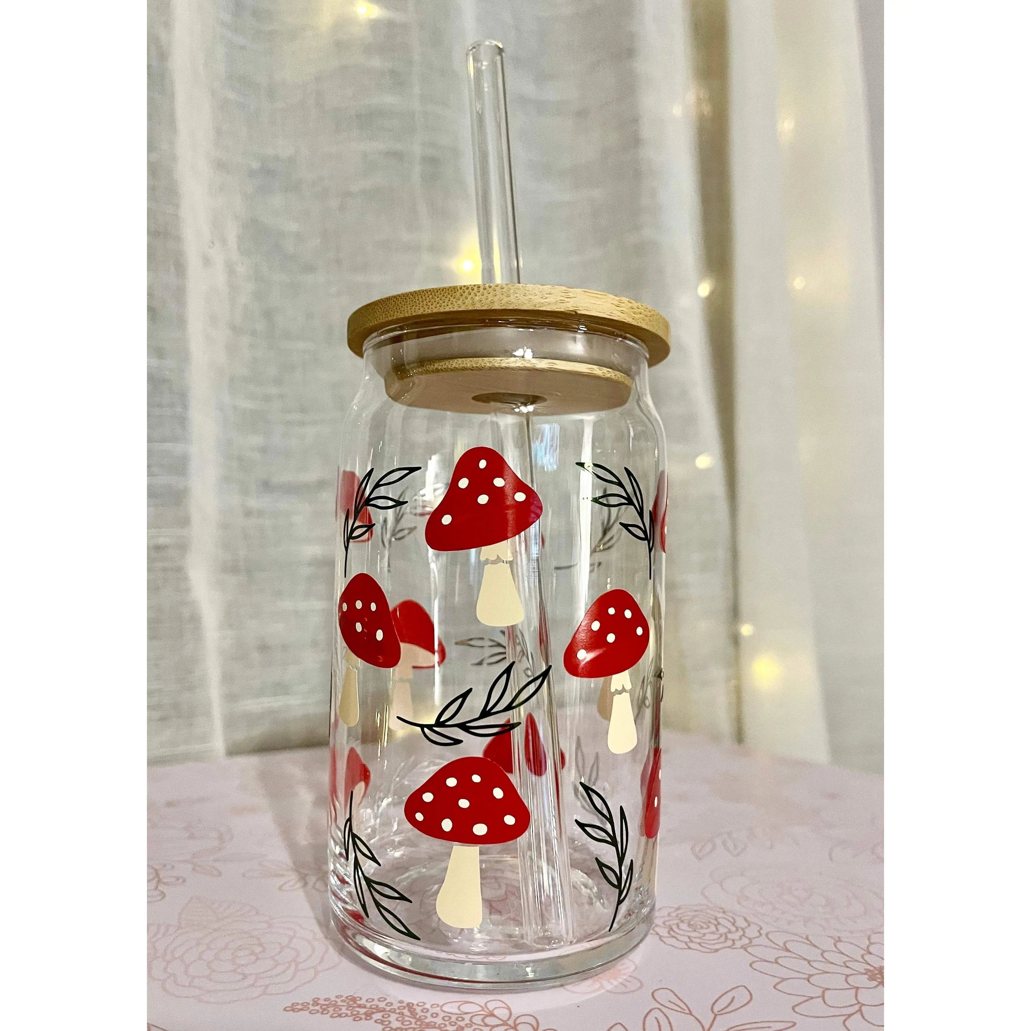 Red Mushroom Glass Can