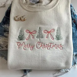 Embroidered Merry Christmas Sweatshirt, Coquette Holiday Crewneck with Bows & Trees, Festive Embroidered Christmas Sweater, Cozy Winter Gift for Her