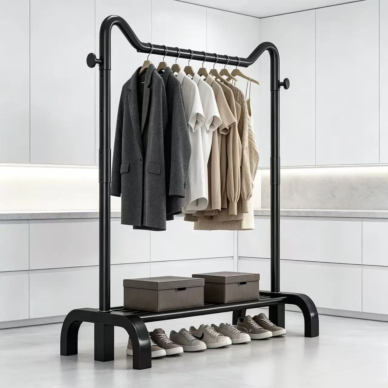 Heavy Duty Curved Garment Rack - Freestanding Minimalist Clothes Hanging Stand with Lower Storage Shelves, Side Hooks, Sturdy Open Wardrobe for Bedroom, Laundry Room; Ideal for Organizing Clothing Accessories