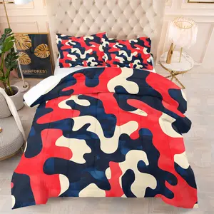 2/3Pcs Red, White, and Blue Color-Block Camouflage Print Comforter Set, American Military-Style Bedding Set. Skin-Friendly, Breathable, and Durable, Machine Washable and Retains Its Shape. An Ideal Choice for Bedroom and Dorm Room Bedding Decor