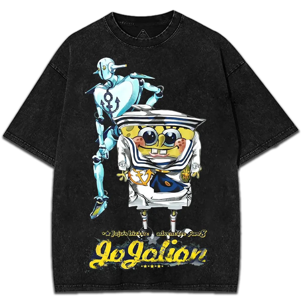 JoJo’s Bizarre Adventure JoJolion x SpongeBob Washed T-Shirt, Josuke Higashikata Soft & Wet Anime Parody Graphic Tee, Vintage Manga Streetwear Unisex Cotton Shirt