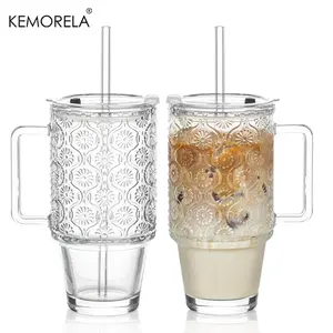Glass Tumbler with Straw & Lid, Clear Smoothie Cup with Handle, Reusable Tumbler for Beverages, Drinkware for Home Office, Bottles, Glass Water Cup