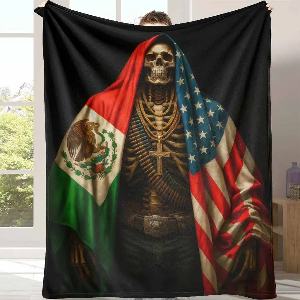 Mexican American Flag Santa Muerte Skeleton Print Flannel Cooling Blanket - Soft, Cozy American-Themed Ethnic Print Gender Neutral Blanket for Chicano Culture Fans, Bedroom Use, Perfect Homegoods Gift, American-Themed Blankets, Gender Neutral Blankets