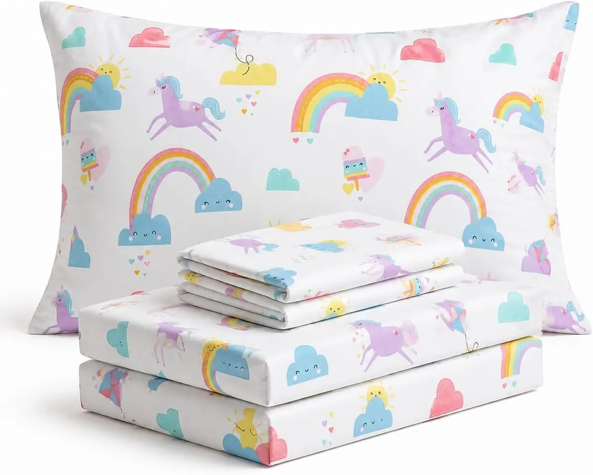 Where The Polka Dots Roam Rainbow Fitted Sheets Set - Ultra-Soft Durable Microfiber Bedding, Colorful Unicorn Print, Wrinkle-Resistant, Machine-Washable, Ideal for Girls' Bedroom Décor
