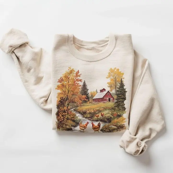 Women's 90's Vintage Boho Crewneck Pullover Sweatshirt - Retro Chickens, Red Barn, Fall Creek Farm Print - for Backyard Chicken Farmers