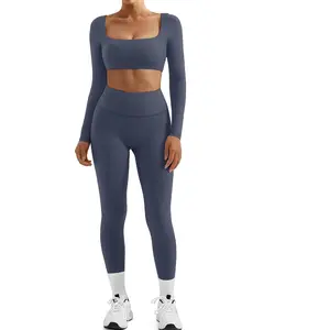 Women 2 Piece Workout Sets Compression Tummy Control Leggings with Pockets Long Sleeve Square Neck Padded Crop Tops