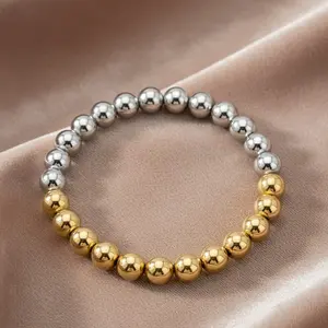 Two-Tone 5mm Gold Filled & Sterling Silver Beaded Bracelet – Waterproof Non-Tarnish Gold Bracelet, Stackable Women’s Jewelry, Everyday Stretch Bracelet