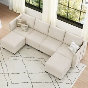 Modular Sectional Sofa U Shaped Couch with Storage Velvet Sectional Couch for Living Room Beige
