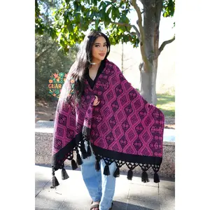 Matilda Mexican Rebozo - Women's Coat with V-Neck, Long Sleeves, and Black Fringe Detail, Comfortable Design for Warm Weather