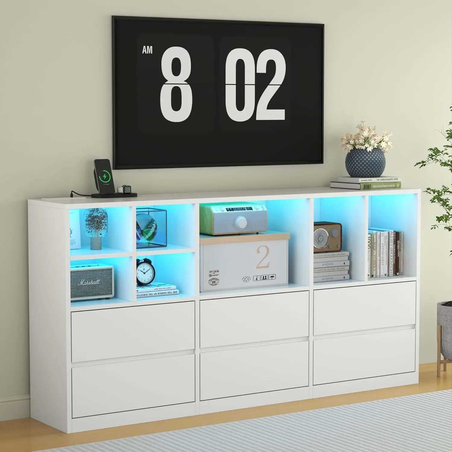 TV Stand with 6 Drawers & 7 Storage Cubbies, LED Lights Entertainment Center with Power Outlet, 63" TV Cabinet with Adjustable Open Storage Shelf, Modern TV Media Console for Living Room (White)