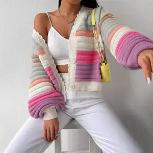 Women's Knitted Cardigan Sweater Coat for Autumn and Winter Color Block Rainbow Striped Lantern Sleeve Casual High Elastic Polyester Breathable Knitwear Medium Outfit Piece v-neck Denim Long Sleeve Shirt Fabric Womenswear Cargo Dress