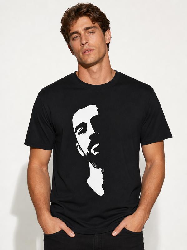 Men's Cotton Crew Neck (Round Neck) Graphic Print T-Shirt - Rapper Mask Silhouette, Retro Hip Hop Streetwear, Fitted Short-Sleeve, Casual Top, Machine Washable, Cold Wash Compatible