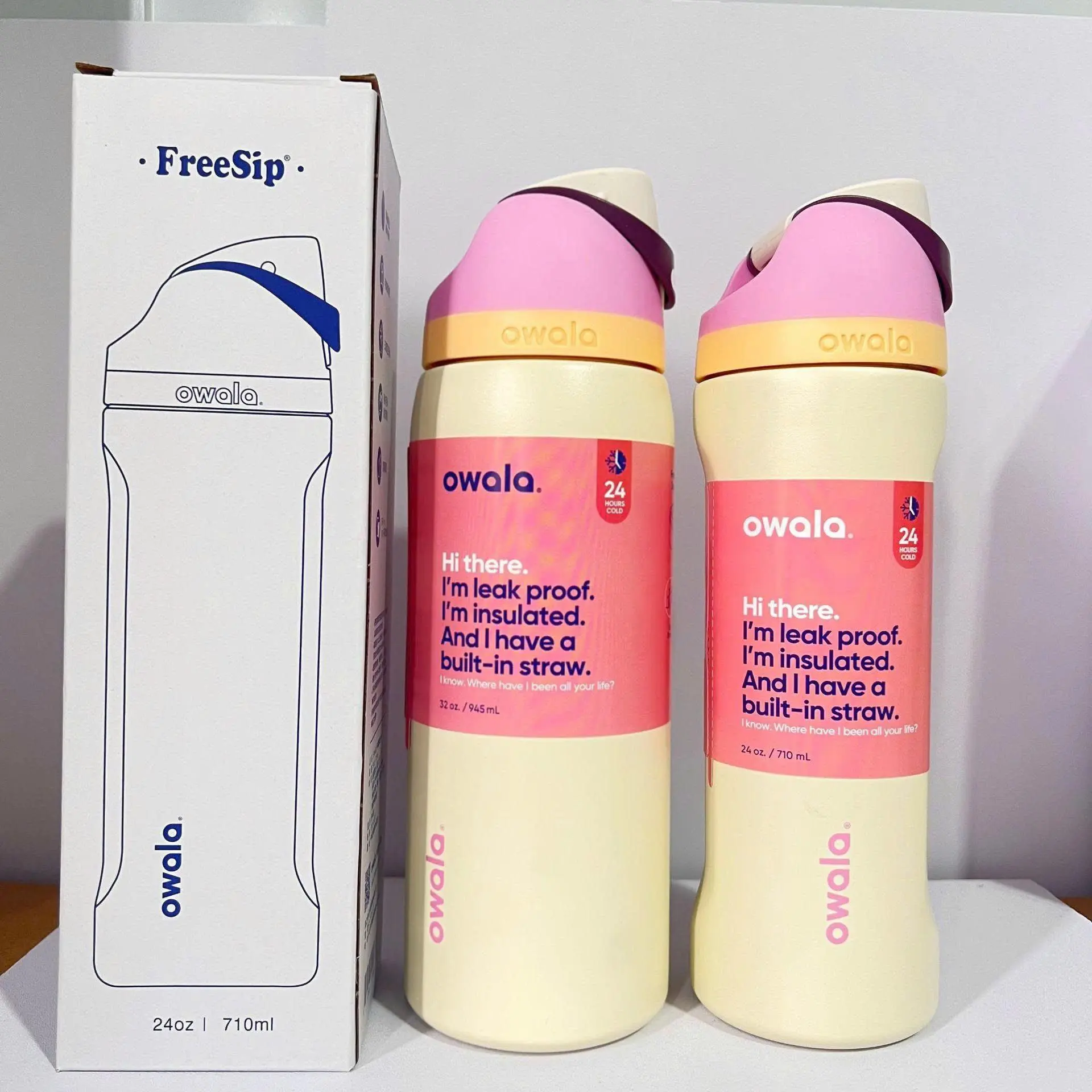 Owala FreeSip Water Bottle | Pastel Pink, Cream & Purple Colorblock, 24oz Insulated Stainless Steel Bottle with Straw