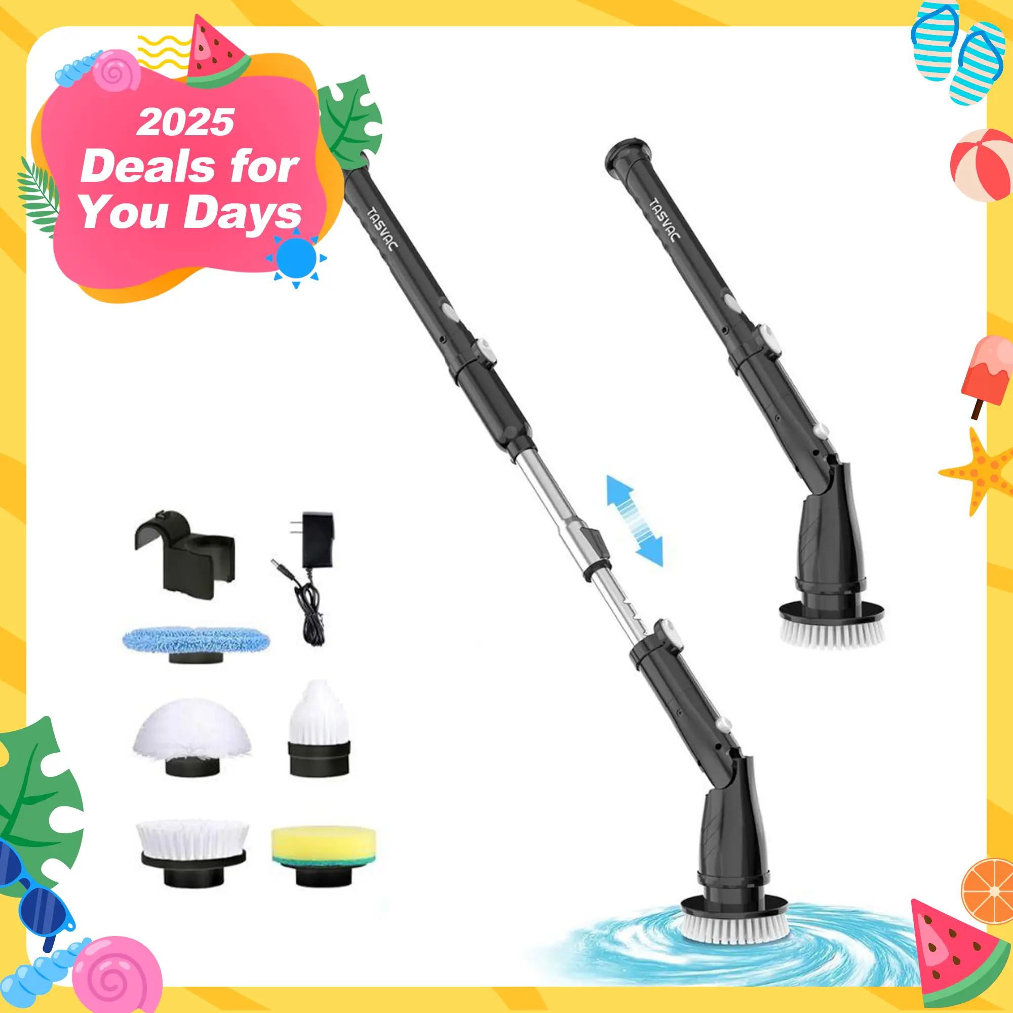 [LaborDaySale]TASVAC Electric Spin Scrubber,5 Replaceable Heads, Adjustable Arm. 1.5H Power Bathroom Scrubber for Bathtub, Kitchen, Grout, Tile, Floor