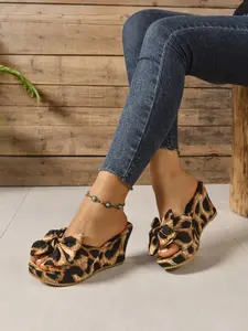 Summer New Fashion Stylish Leopard Print Bow Heeled Sandals, Women's Thick Sole Waterproof Platform Open Toe Slip-On Shoes, Leopard Print Wedge