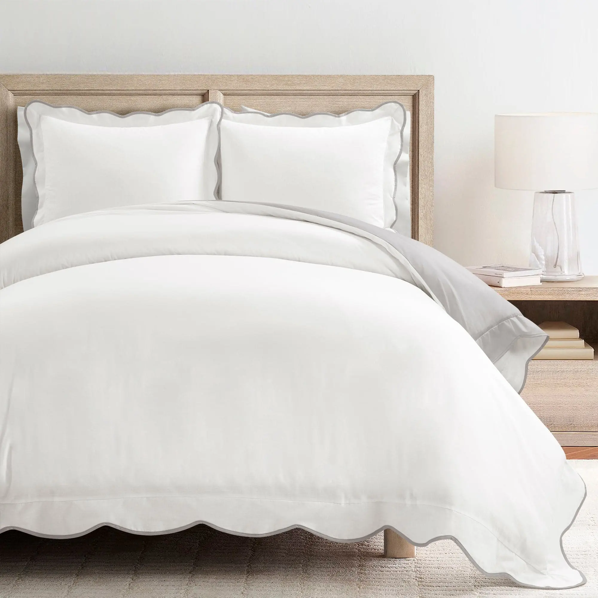 Lush Decor Coastal Chic Scalloped Edge 100% Cotton Reversible Duvet Cover Set with Button Closure & Matching Shams for Cozy Bedroom Bedding