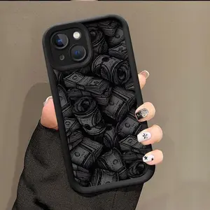 Low-Key Luxury Black TPU Money Pattern Case for iPhone 16 15 14 Pro Max 13 12 11 XR XS Plus Shockproof Full Camera Protection Durable slim Silicone Cover